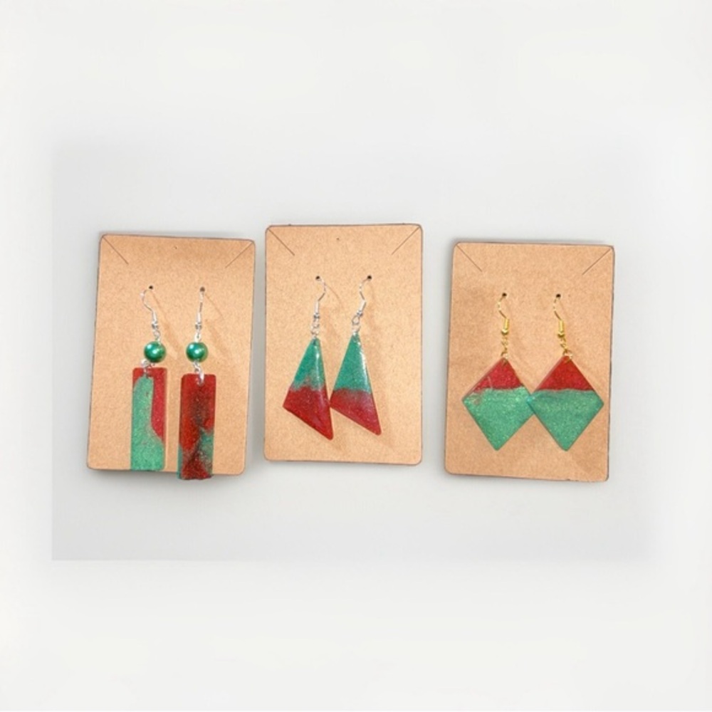 Green and Red Geometric Earrings, handmade resin, hypoallergenic. Handcrafted